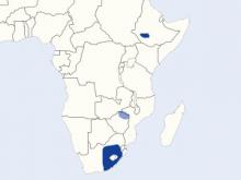 Distribution of White-winged Flufftail. Dark Blue = regular occurrence; Light Blue = erratic records